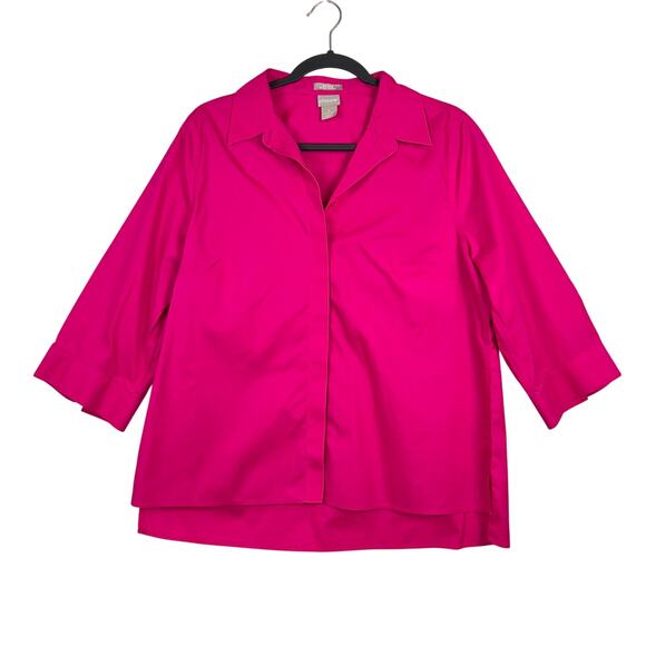 Chicos 2 Large No Iron Cotton Hidden Button Up Raspberry Hot Pink Women’s Blouse - Picture 1 of 12